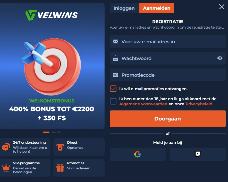 Velwins Casino Registratie